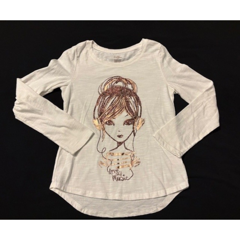 SO brand long sleeved graphic tee, girls size 10, gold music graphic